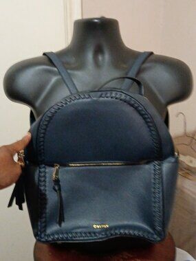 Calpak Kaya Backpack Blue Faux Leather Gold Hardware Trolly Sleeve Side Pockets